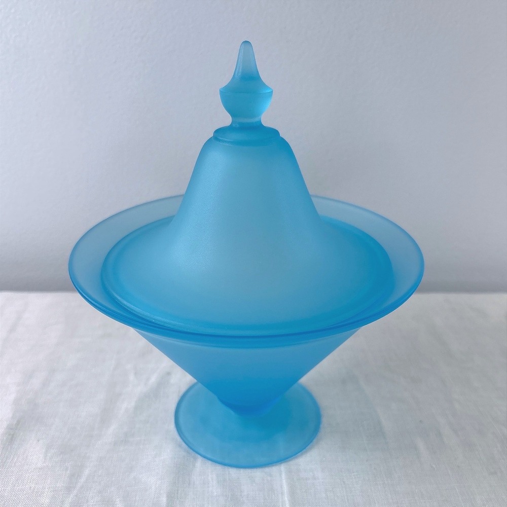 Vintage Tiffin Glass Co. Frosted Blue Satin Glass Pedestal Candy Dish